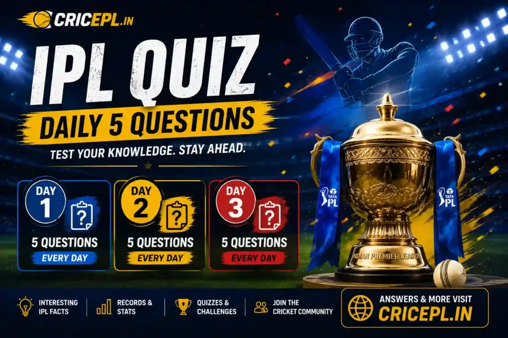 IPL Quiz featured image with daily 5 IPL questions, IPL trophy, cricket stadium background and CRICEPL.IN branding