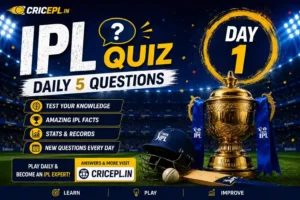 IPL Quiz Day 1 featured image with daily 5 questions, IPL trophy, cricket helmet, bat, stadium background and CRICEPL.IN branding