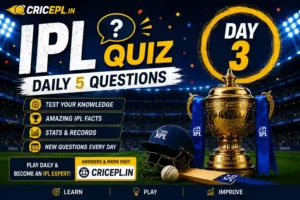 IPL Quiz Day 3 banner featuring Daily 5 Questions, IPL trophy, cricket helmet, bat, stadium lights, and CRICEPL.IN branding.