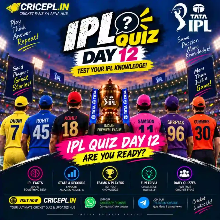 Professional IPL Quiz Day 12 square poster featuring the IPL trophy, cricket stadium, player silhouettes and CRICEPL.IN branding for daily IPL quiz questions, facts, stats and records.