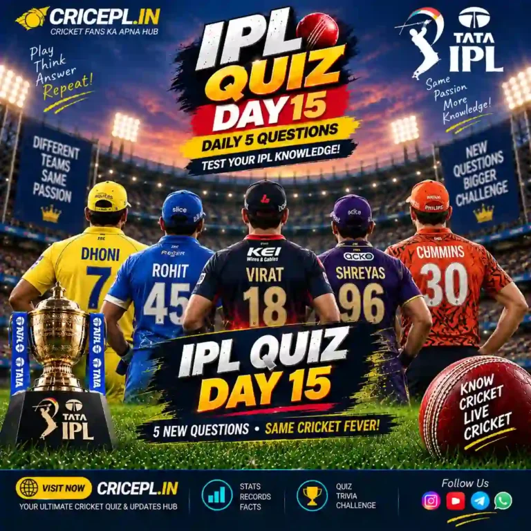 IPL Quiz Day 15 featured image with IPL trophy, cricket stadium, players viewed from behind, Daily 5 Questions text and CRICEPL.IN branding.