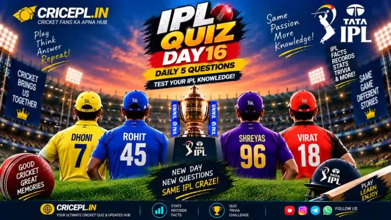 IPL Quiz Day 16 featured image with IPL trophy, cricket stadium, Dhoni, Rohit, Shreyas and Virat shown from behind with names and jersey numbers, Daily 5 Questions text and CRICEPL.IN branding.