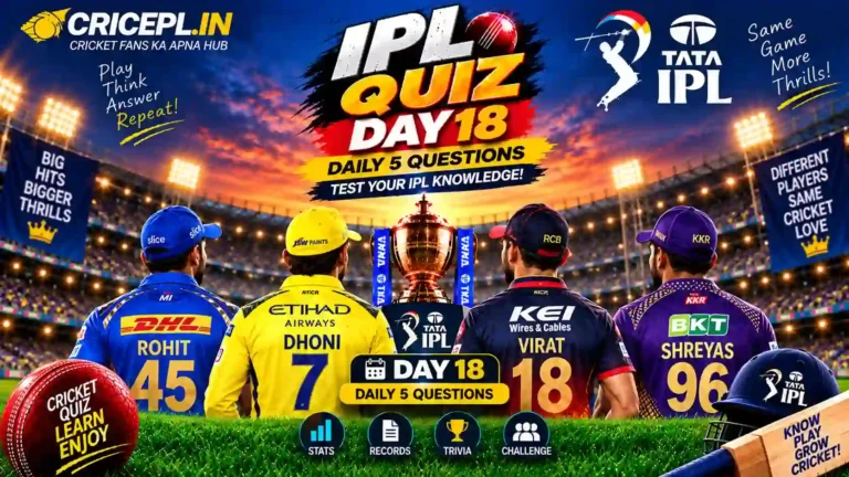 IPL Quiz Day 18 featured image with IPL trophy, cricket stadium, back-view players Rohit, Dhoni, Virat and Shreyas, Daily 5 Questions text and CRICEPL.IN branding.
