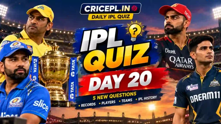 IPL Quiz Day 20 featured image with IPL trophy, realistic cricket players, floodlit stadium, Daily 5 Questions title and CRICEPL.IN branding.
