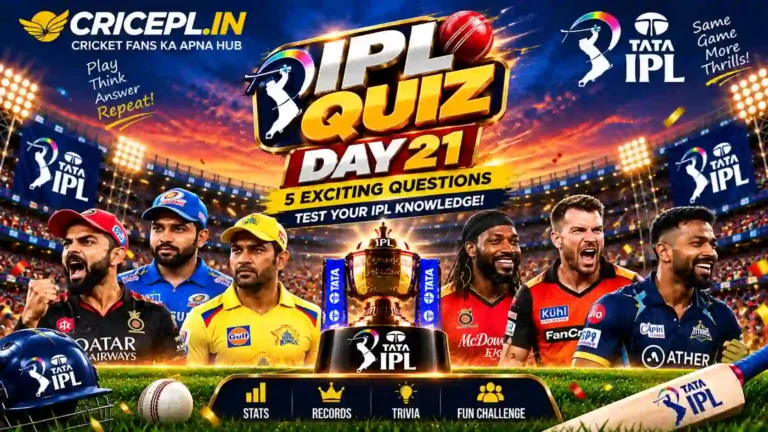 IPL Quiz Day 21 featured image with IPL trophy, realistic cricket players, stadium background, CRICEPL.IN branding and text promoting five exciting IPL quiz questions.
