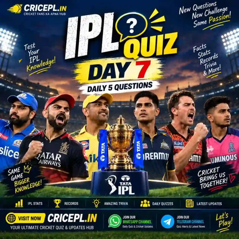 IPL Quiz Day 7 daily 5 questions poster featuring IPL players and trophy, with CRICEPL.IN branding, IPL facts, stats, records, trivia and daily cricket quiz updates.