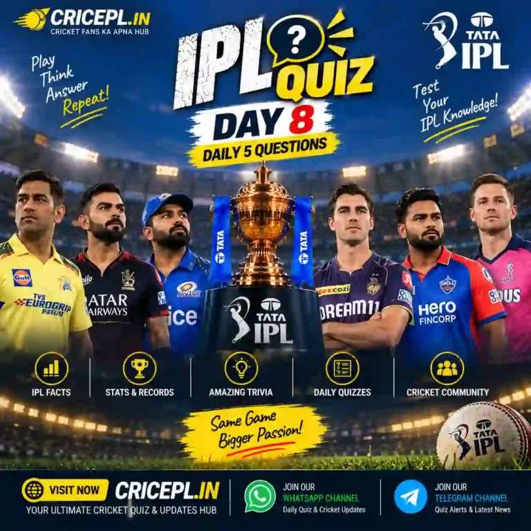 IPL Quiz Day 8 daily 5 questions poster featuring realistic IPL cricket players, IPL trophy, stadium background and CRICEPL.IN branding for IPL facts, stats, records and cricket trivia.