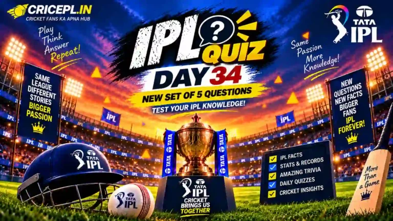IPL Quiz Day 34 WordPress featured image featuring the IPL trophy, cricket stadium, helmet, bat, ball and daily 5 questions