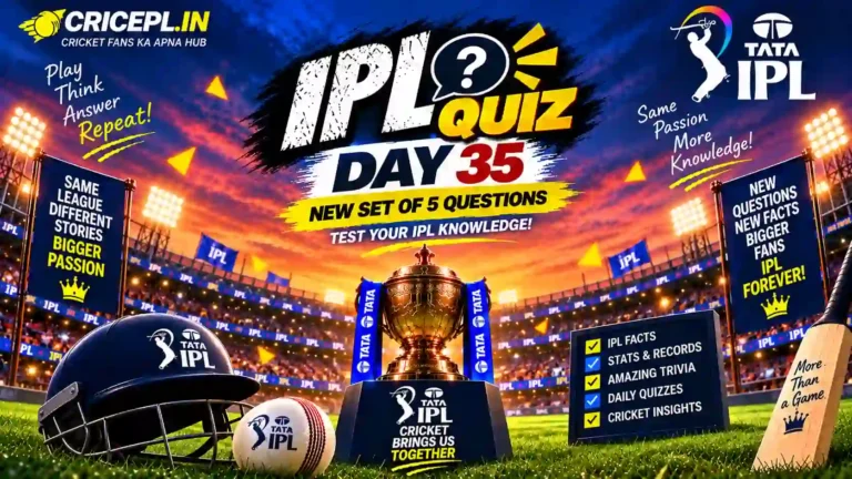 IPL Quiz Day 35 WordPress featured image featuring the IPL trophy, cricket stadium, helmet, bat, ball and daily 5 questions quiz theme.