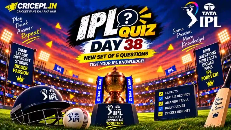 IPL Quiz Day 38 WordPress featured image featuring the IPL trophy, cricket stadium, helmet, bat, ball and daily 5 questions quiz theme.