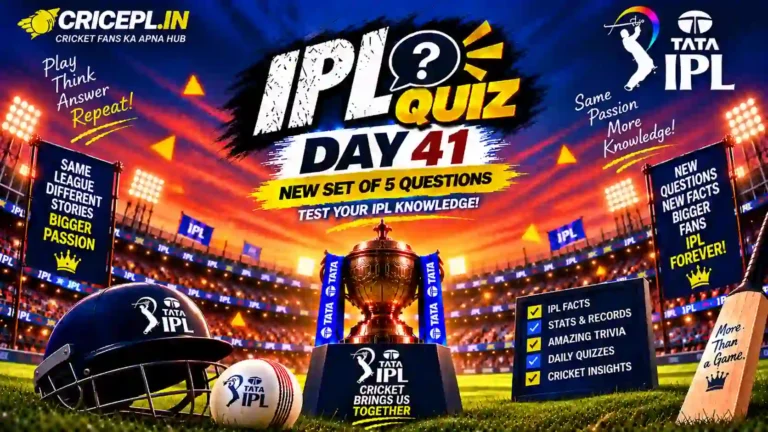IPL Quiz Day 41 WordPress featured image featuring the IPL trophy, cricket stadium, helmet, bat, ball and daily 5 questions quiz theme.