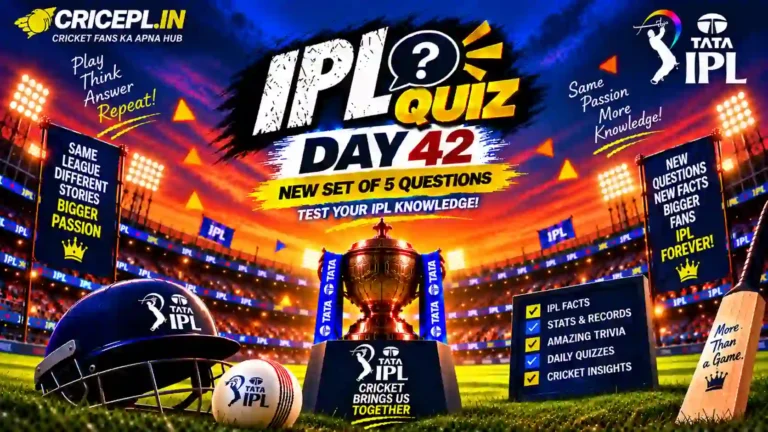 IPL Quiz Day 42 WordPress featured image featuring the IPL trophy, cricket stadium, helmet, bat, ball and daily 5 questions quiz theme.