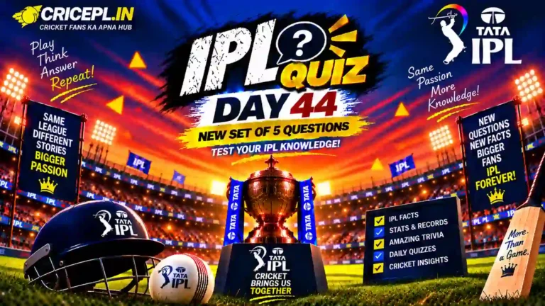 IPL Quiz Day 44 WordPress featured image featuring the IPL trophy, cricket stadium, helmet, bat, ball and daily 5 questions quiz theme.