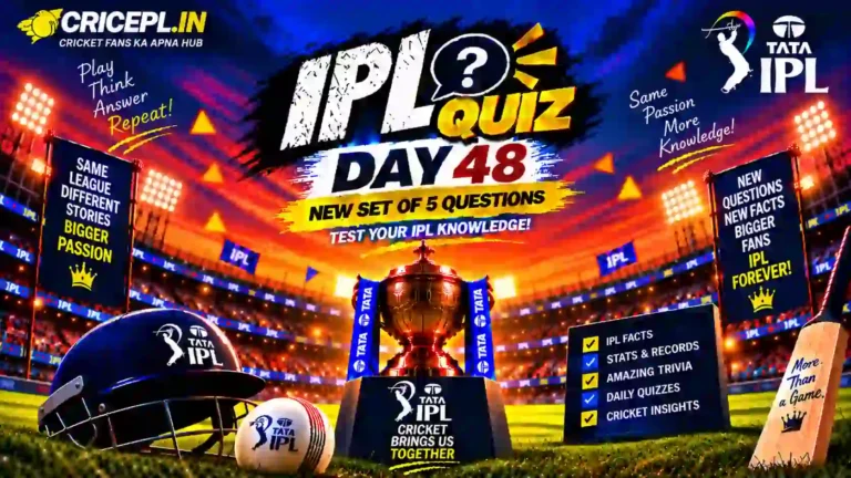 IPL Quiz Day 48 WordPress featured image featuring the IPL trophy, cricket stadium, helmet, bat, ball and daily 5 questions quiz theme.